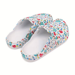 Women's Cartoon Doctor Print Clogs Lightweight Hollow Out Garden Shoes