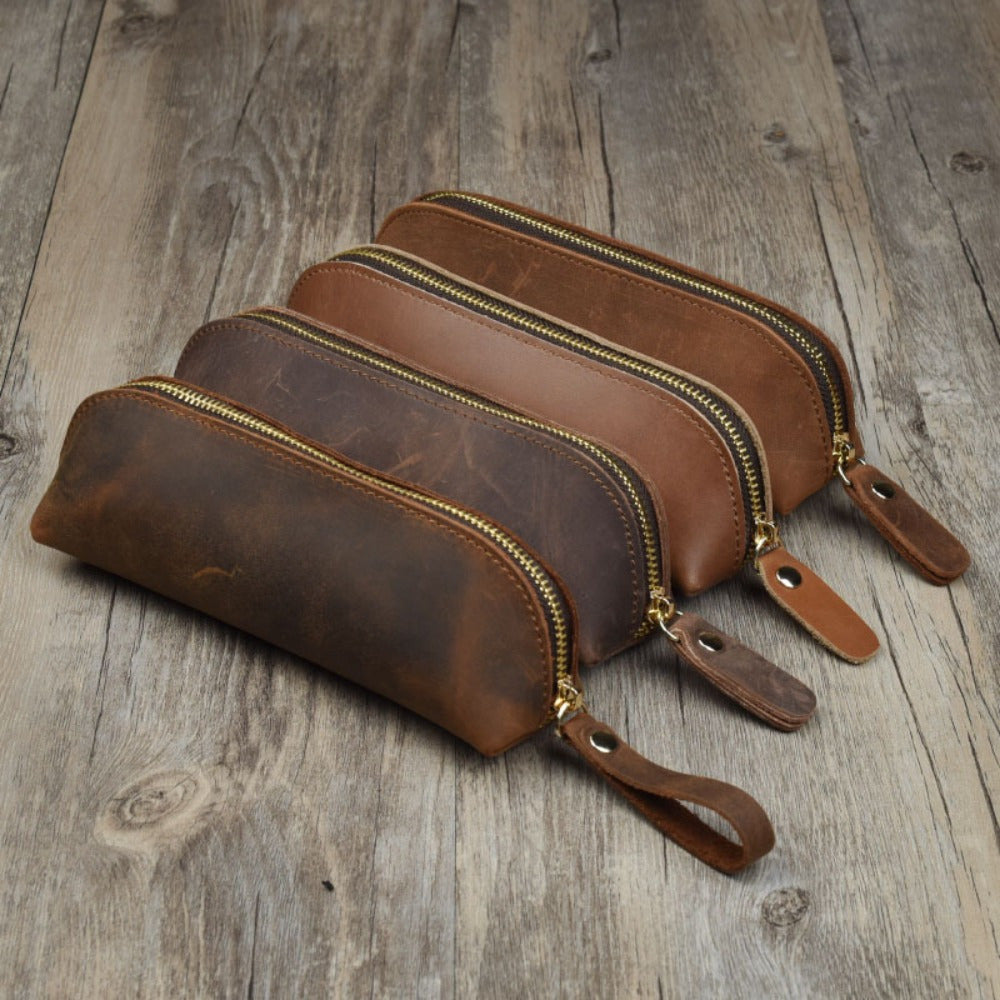 Vintage Faux Leather Pencil Bag Stationery Holder Pen Case Zipper