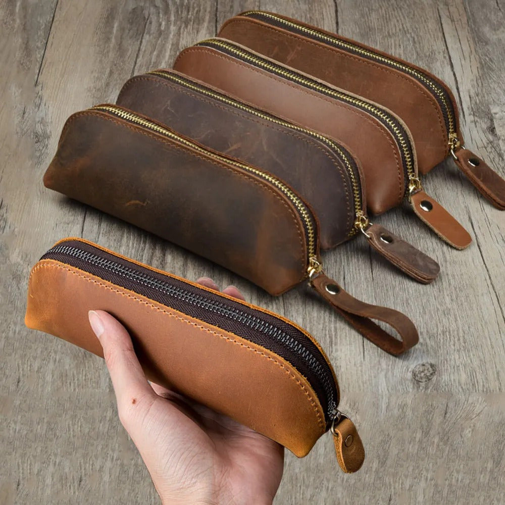 Vintage Faux Leather Pencil Bag Stationery Holder Pen Case Zipper
