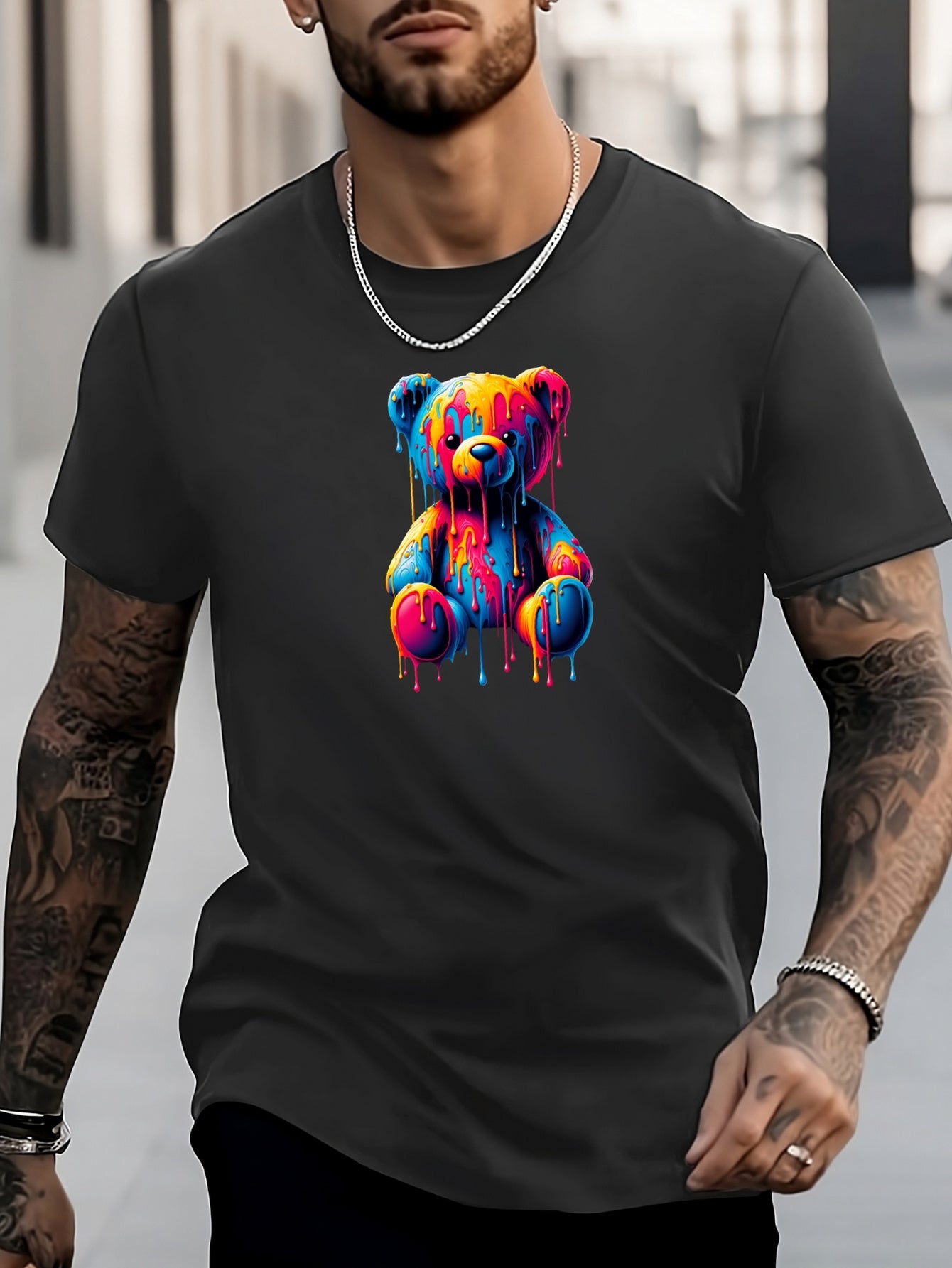 Bear Print Men's Graphic Crew Neck T-shirt for Summer