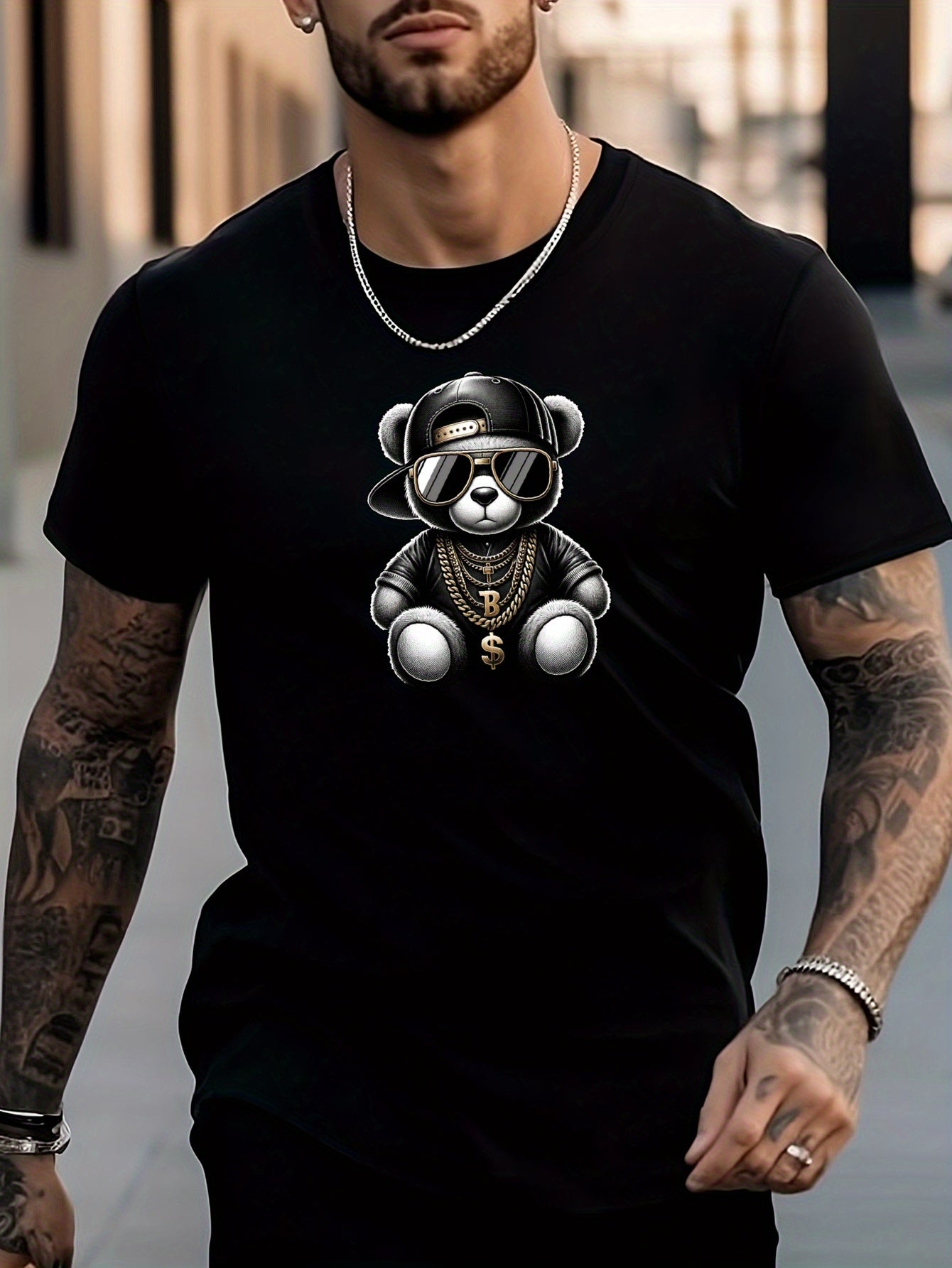 Bear Print Men's Active Crew Neck Tee for Summer