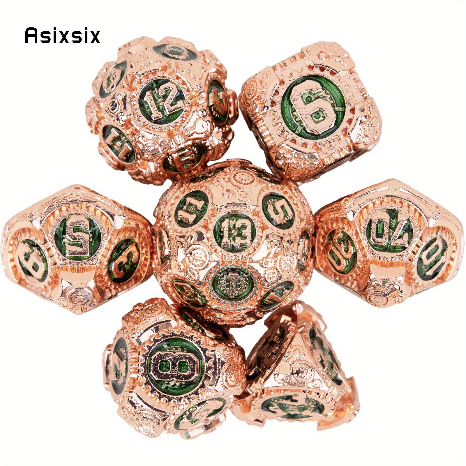 7pcs Orange/Green Gear Wheel Metal Polyhedral Dice Set for RPG Board Game