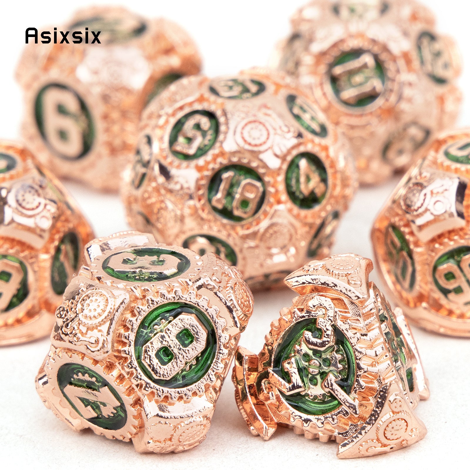 7pcs Orange/Green Gear Wheel Metal Polyhedral Dice Set for RPG Board Game