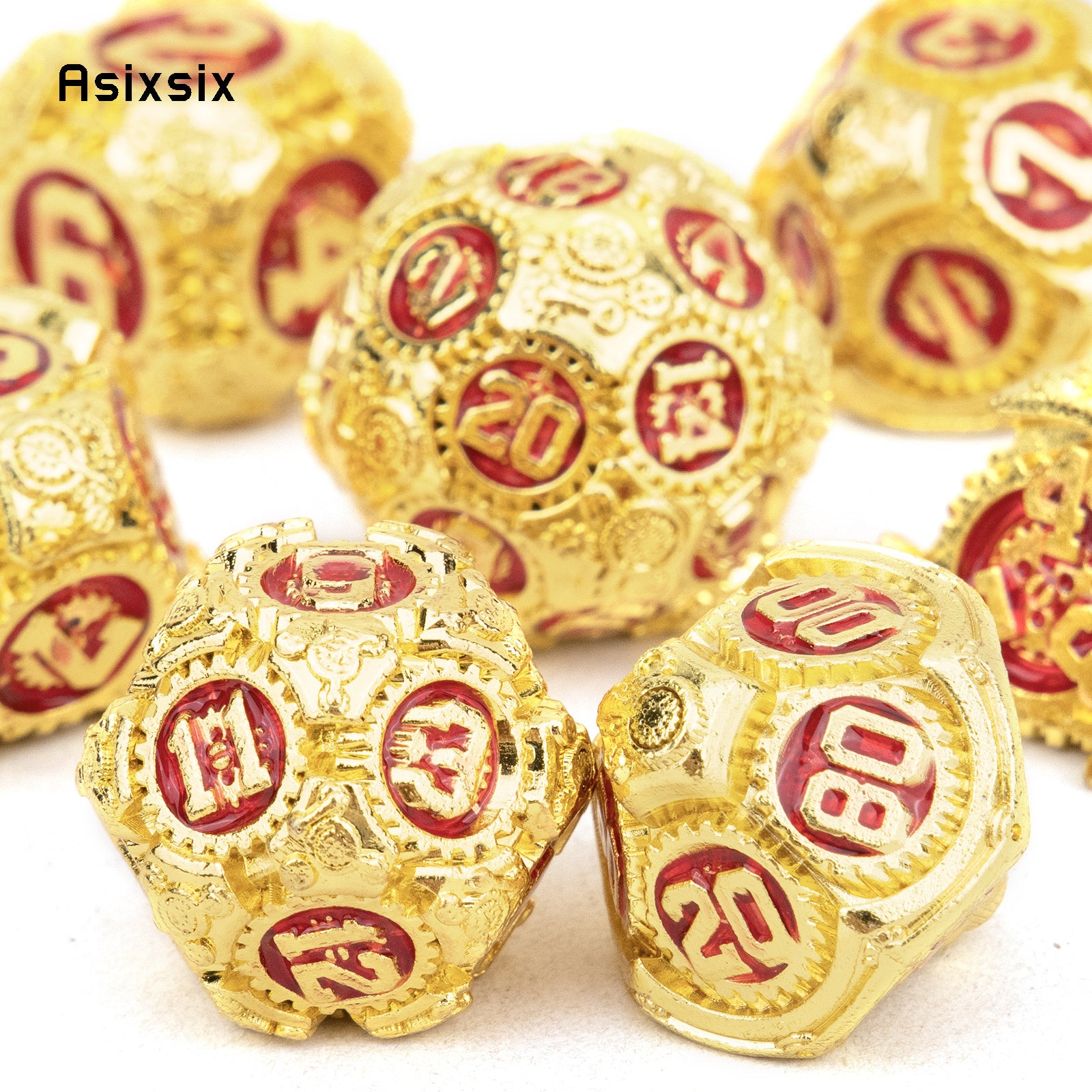 7pcs Golden & Red Gear Wheel Metal Dice Set for Role Playing Board Game