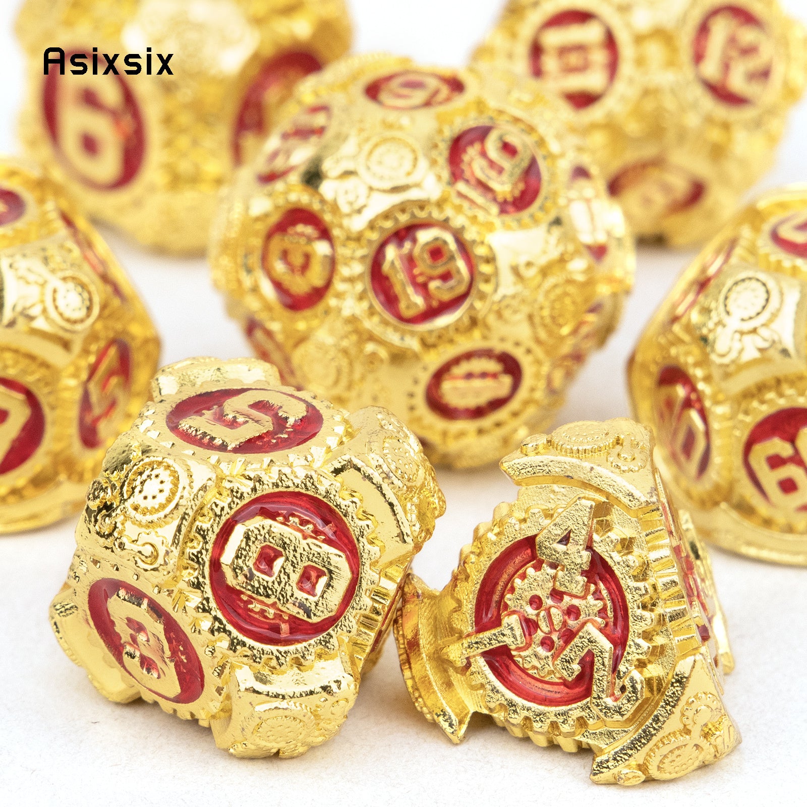 7pcs Golden & Red Gear Wheel Metal Dice Set for Role Playing Board Game