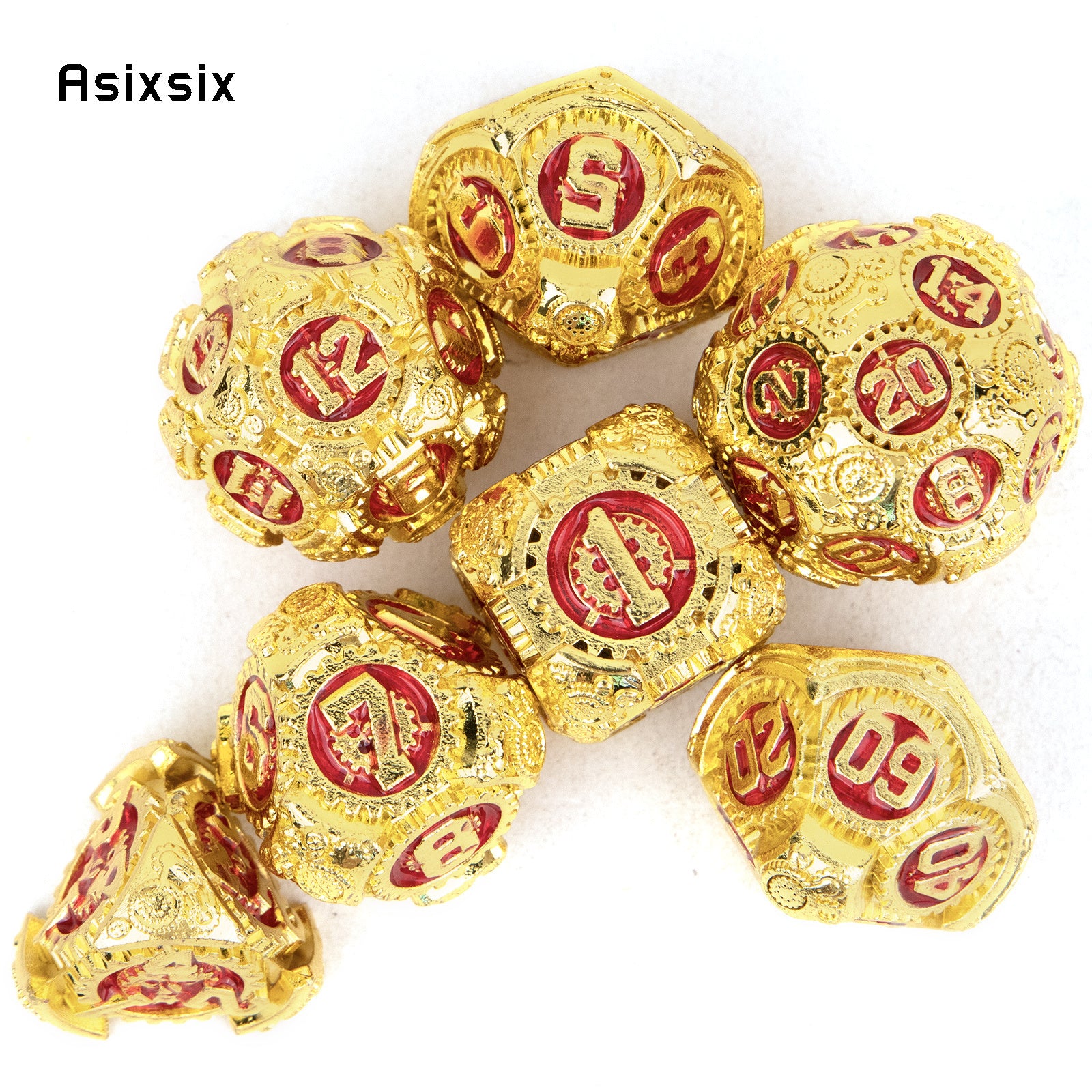 7pcs Golden & Red Gear Wheel Metal Dice Set for Role Playing Board Game