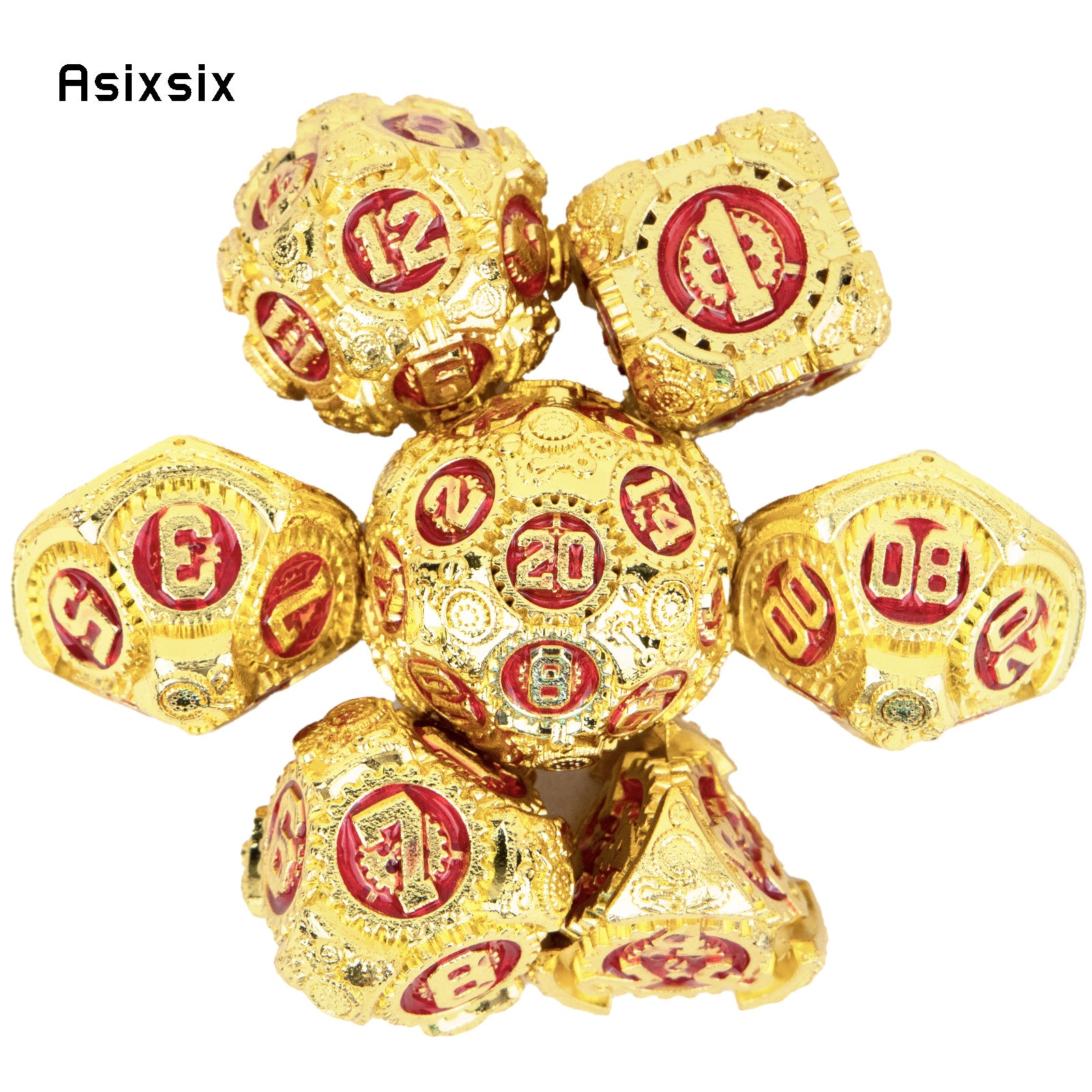 7pcs Golden & Red Gear Wheel Metal Dice Set for Role Playing Board Game