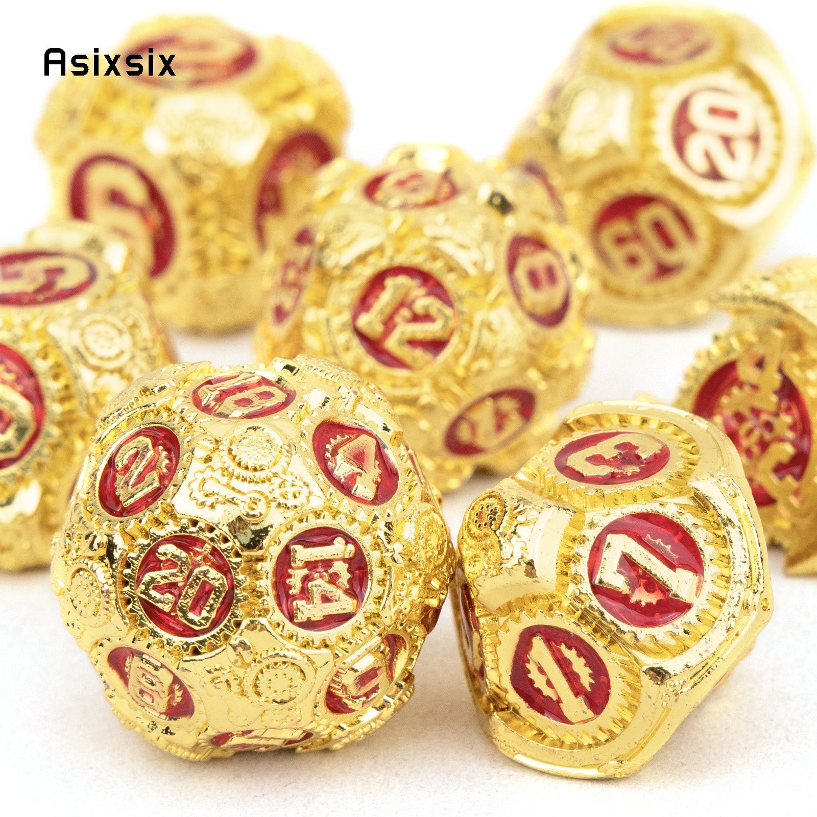 7pcs Golden & Red Gear Wheel Metal Dice Set for Role Playing Board Game