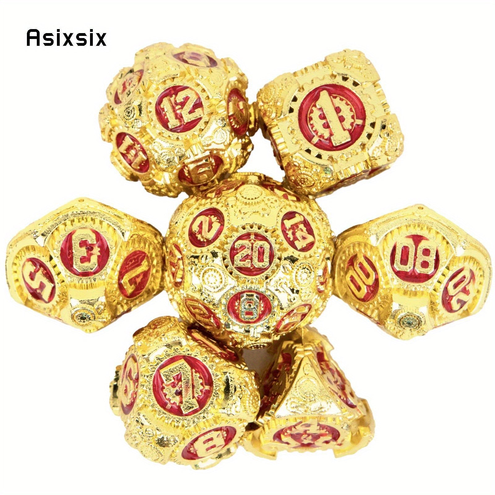 7pcs Golden & Red Gear Wheel Metal Dice Set for Role Playing Board Game