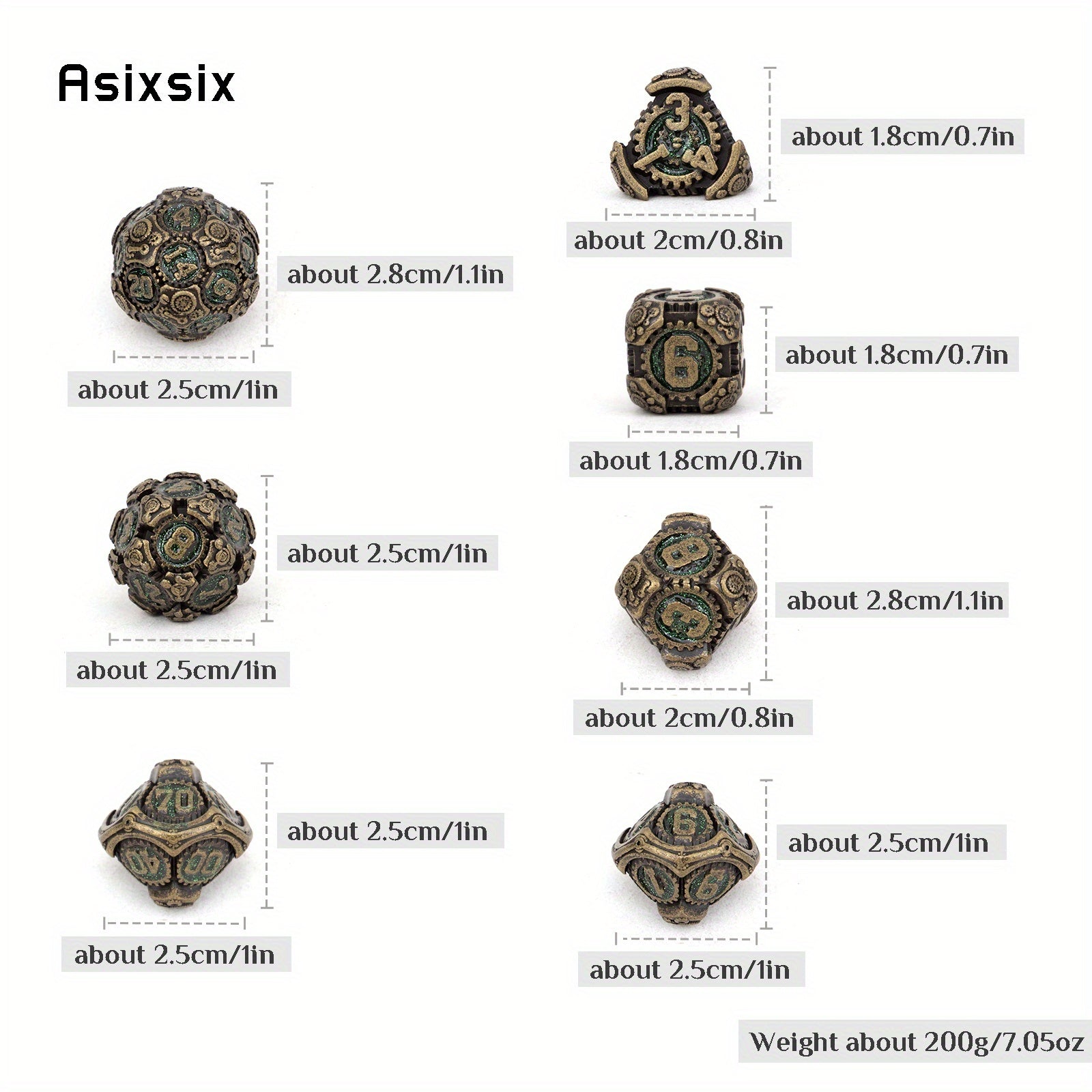 7pcs Green Copper Gear Wheel Metal Polyhedral Dice Set for RPG