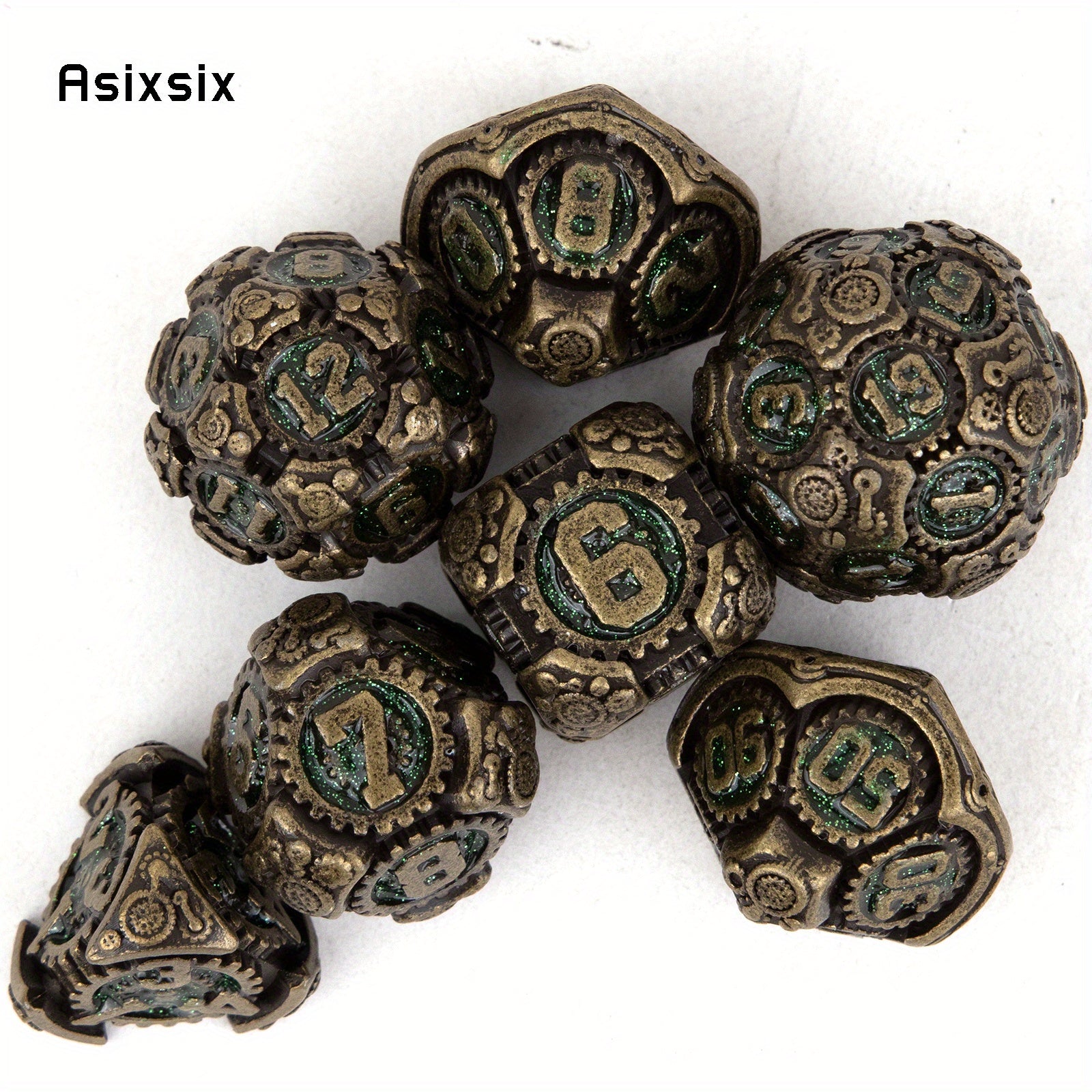 7pcs Green Copper Gear Wheel Metal Polyhedral Dice Set for RPG