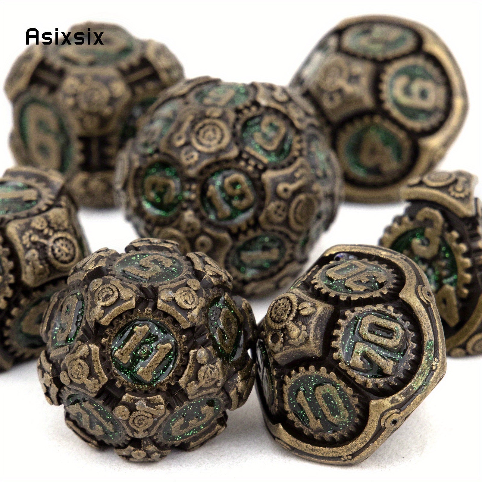 7pcs Green Copper Gear Wheel Metal Polyhedral Dice Set for RPG