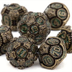 7pcs Green Copper Gear Wheel Metal Polyhedral Dice Set for RPG
