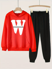2pcs W Letter Print Hoodies With Pocket Jogger Pants Set For Girls