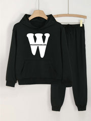 2pcs W Letter Print Hoodies With Pocket Jogger Pants Set For Girls