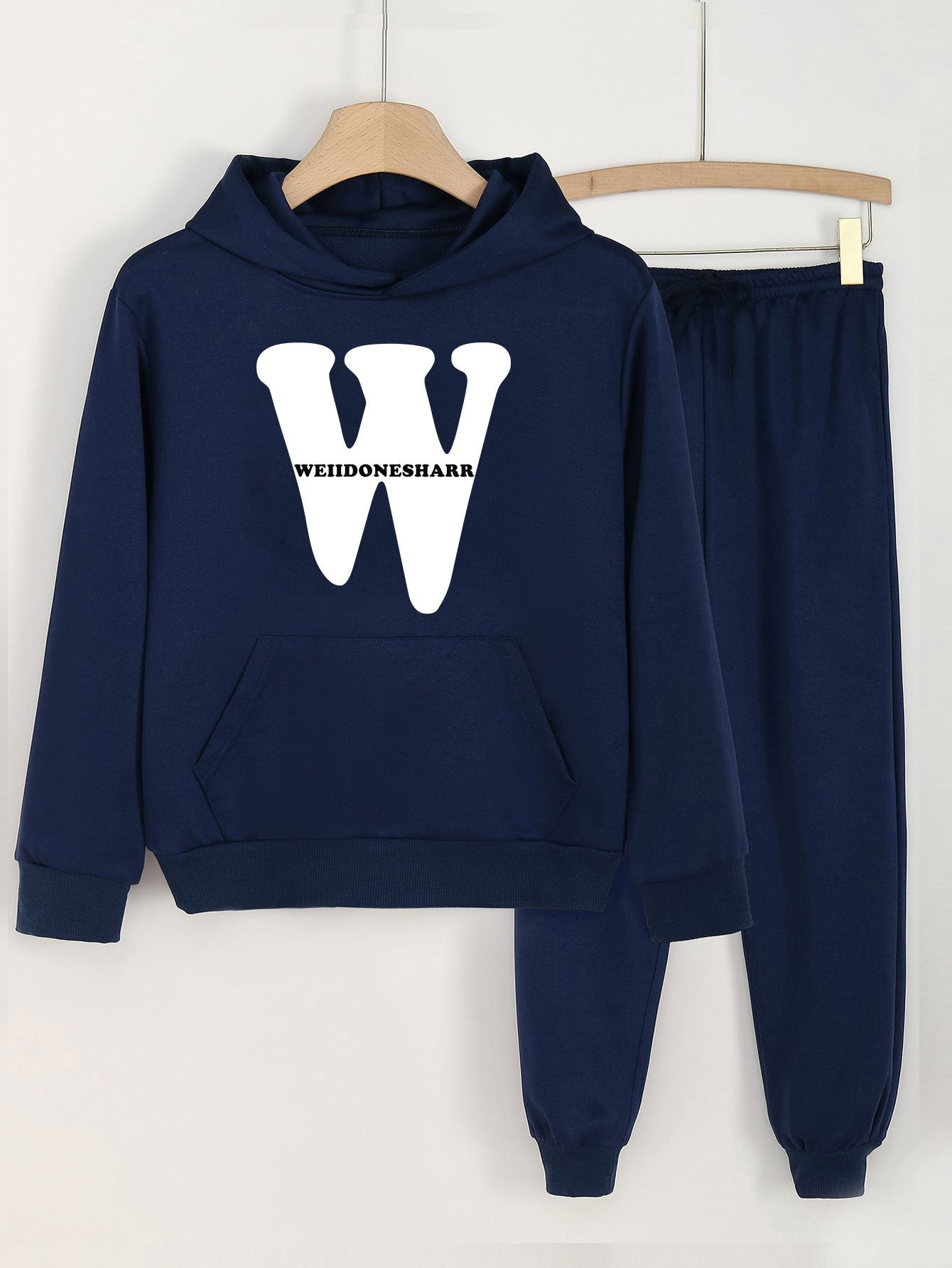 2pcs W Letter Print Hoodies With Pocket Jogger Pants Set For Girls