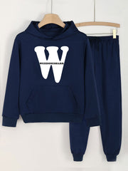 2pcs W Letter Print Hoodies With Pocket Jogger Pants Set For Girls