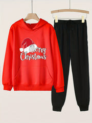 2pcs Merry Christmas Print Hoodies & Jogger Pants Set For Girls