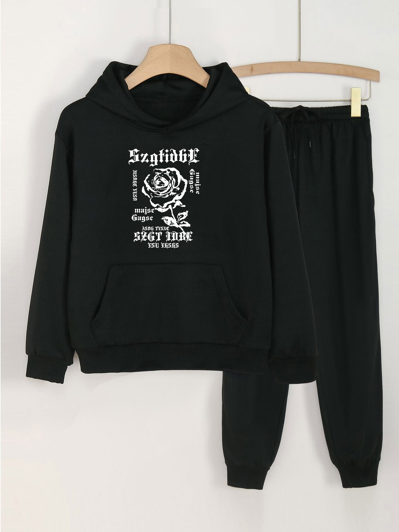 Rose Print Hoodies Jogger Pants Set Girls Spring Fall