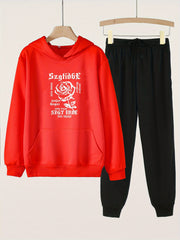 Rose Print Hoodies Jogger Pants Set Girls Spring Fall