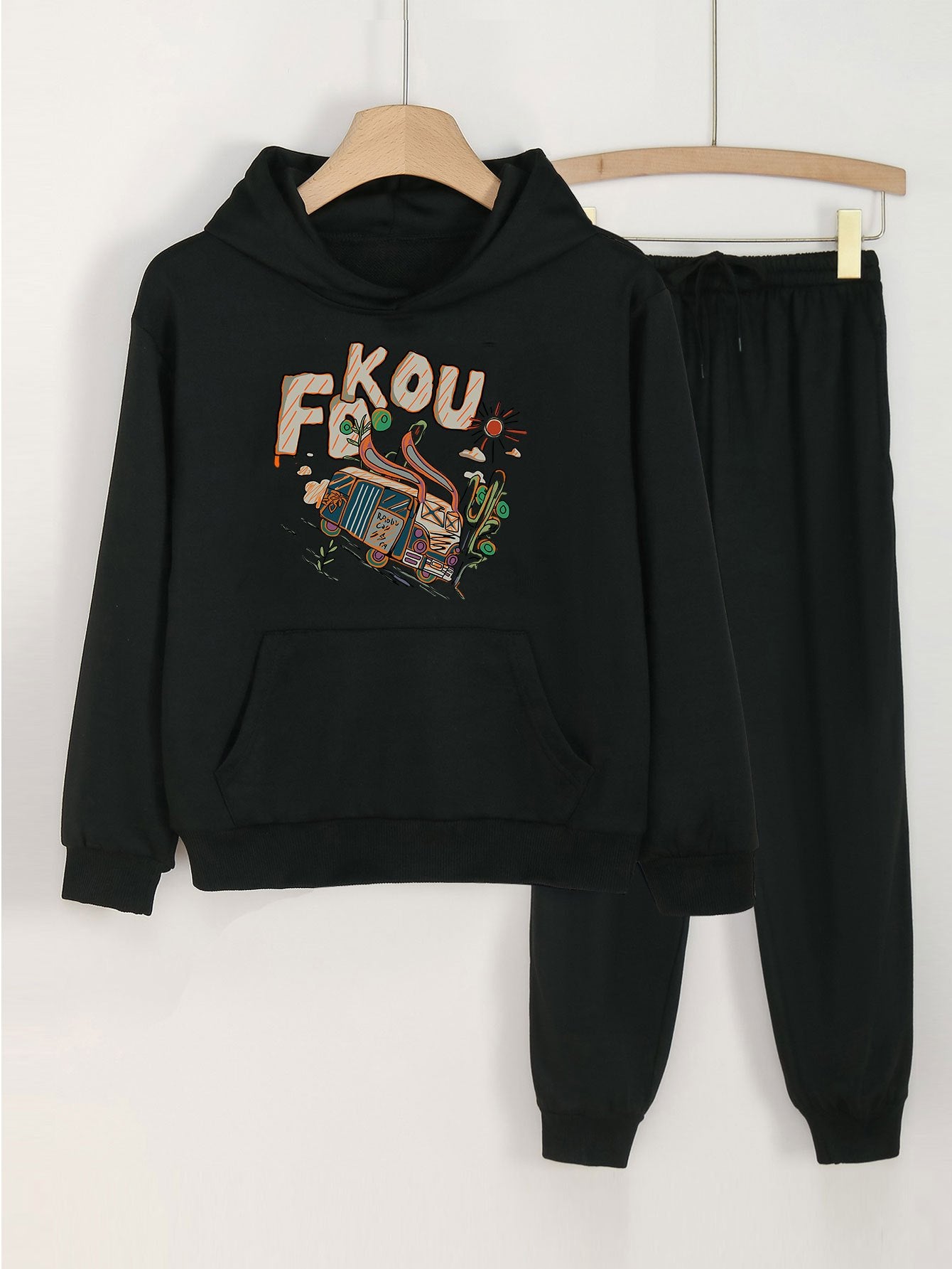 Bunny Bus Print Hoodies & Jogger Pants Set for Girls