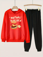 Burger Print Hoodies & Jogger Pants Set for Girls