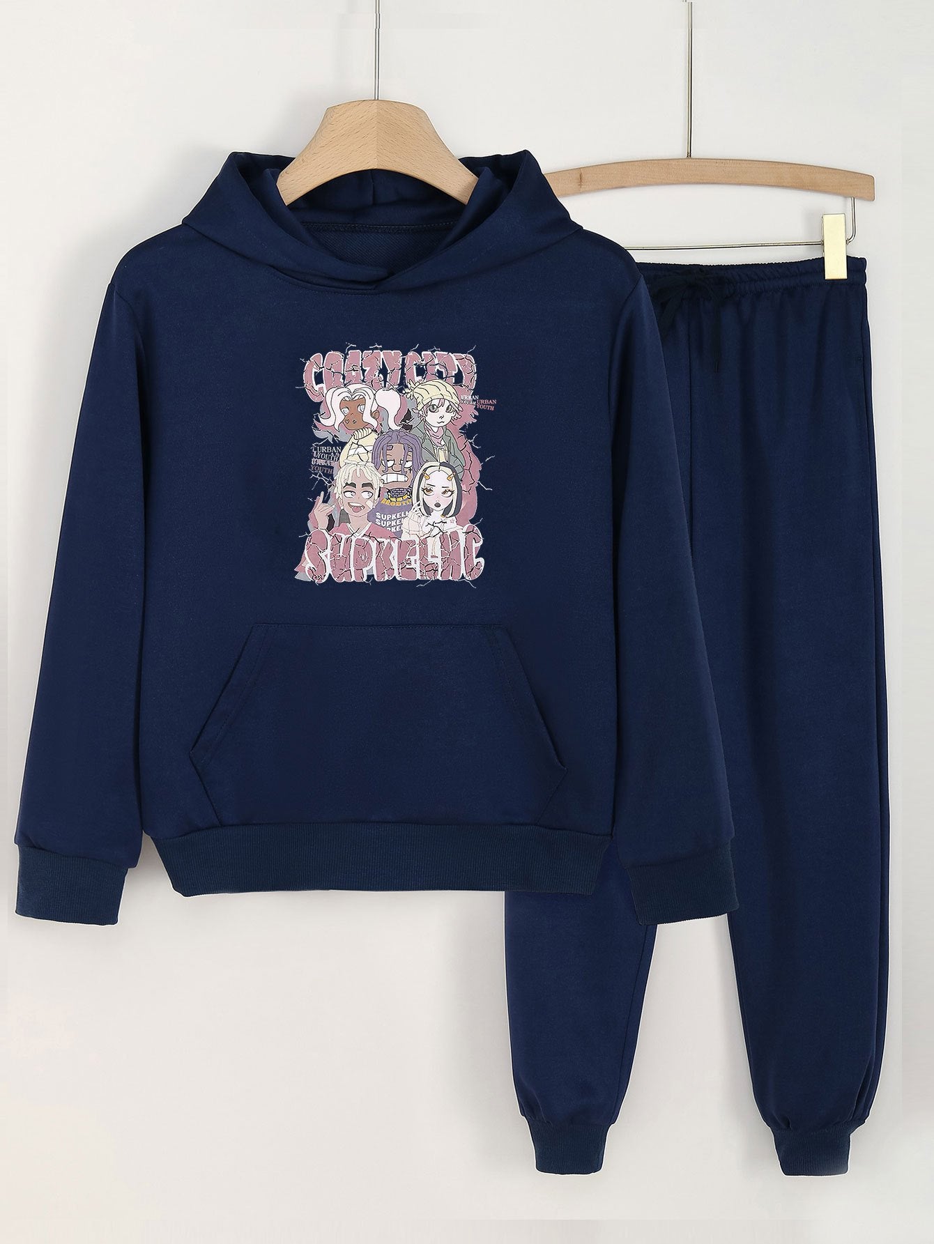 Anime Girl Print Hoodies & Jogger Pants Set For Girls