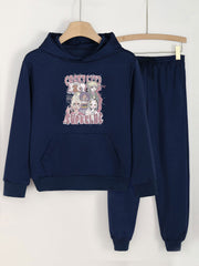 Anime Girl Print Hoodies & Jogger Pants Set For Girls