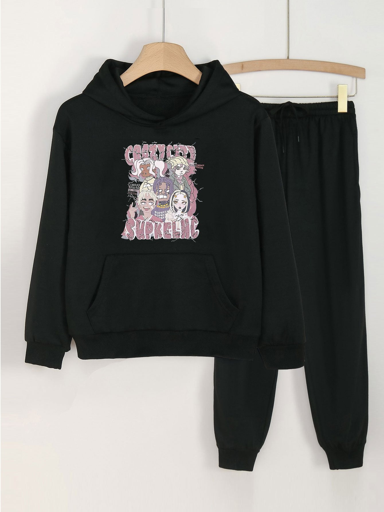 Anime Girl Print Hoodies & Jogger Pants Set For Girls