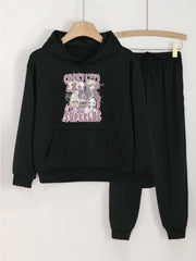 Anime Girl Print Hoodies & Jogger Pants Set For Girls