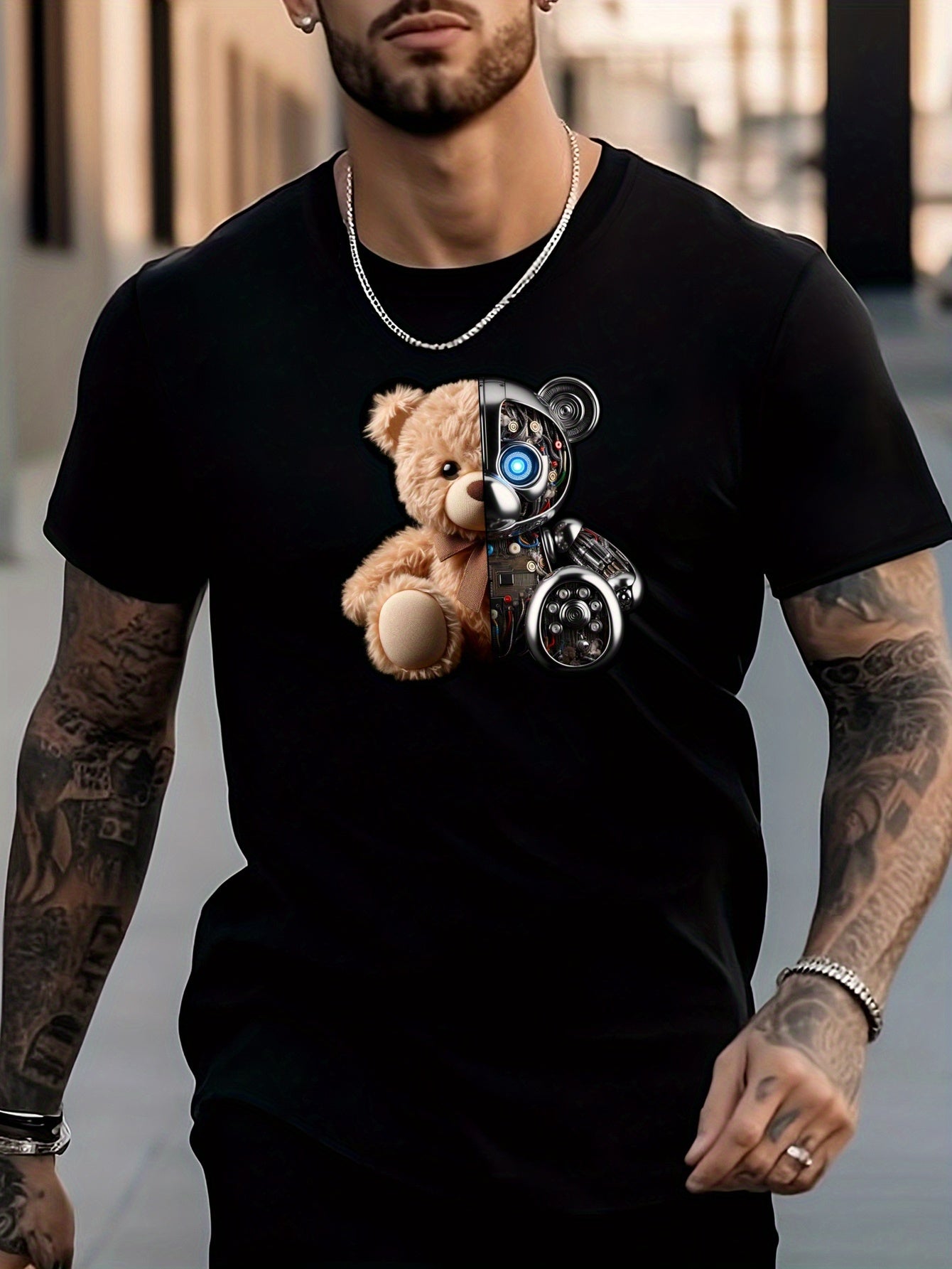 Bear Print Men's Graphic Crew Neck Active T-Shirt