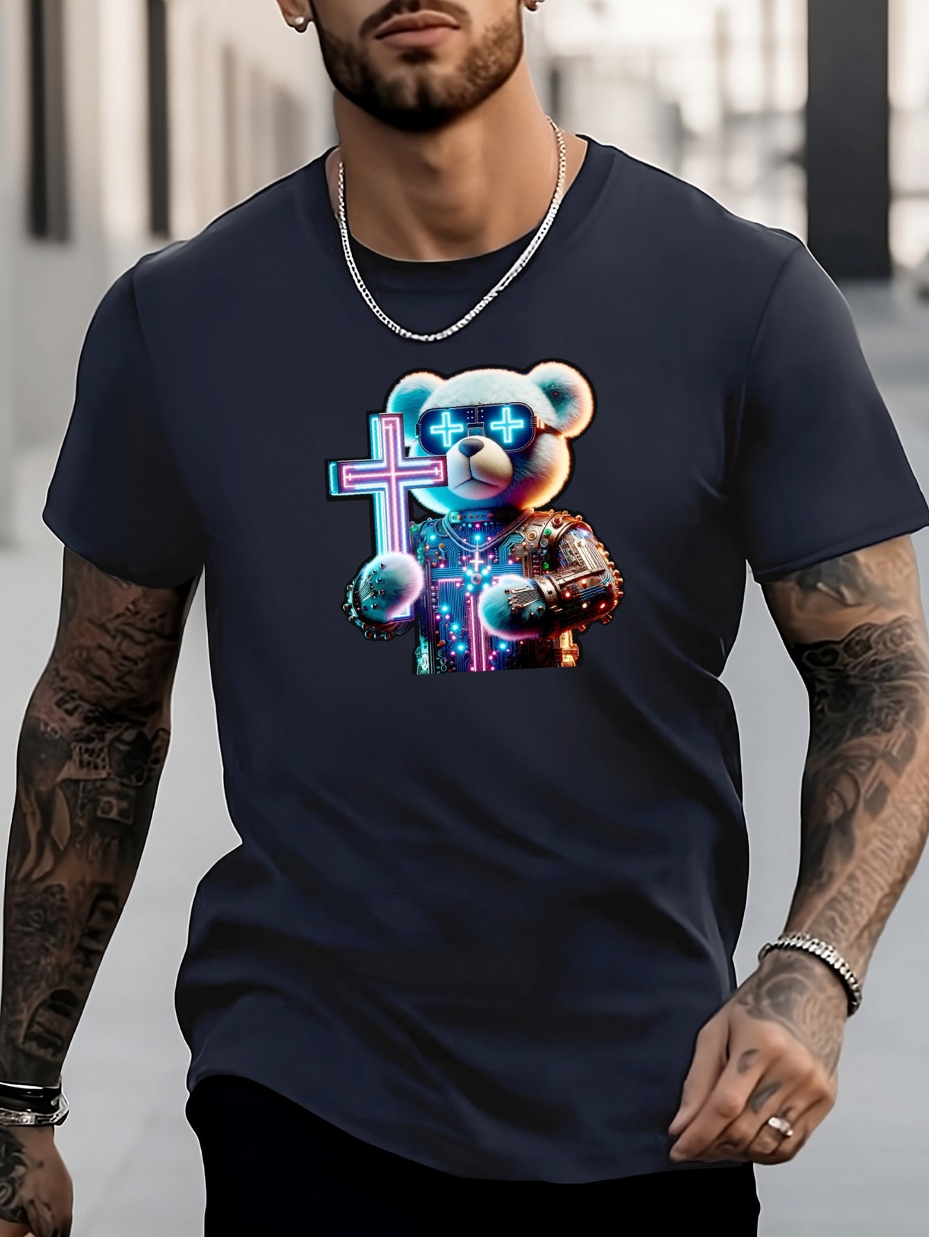 Cyberpunk Bear Print Graphic Men's T-shirt