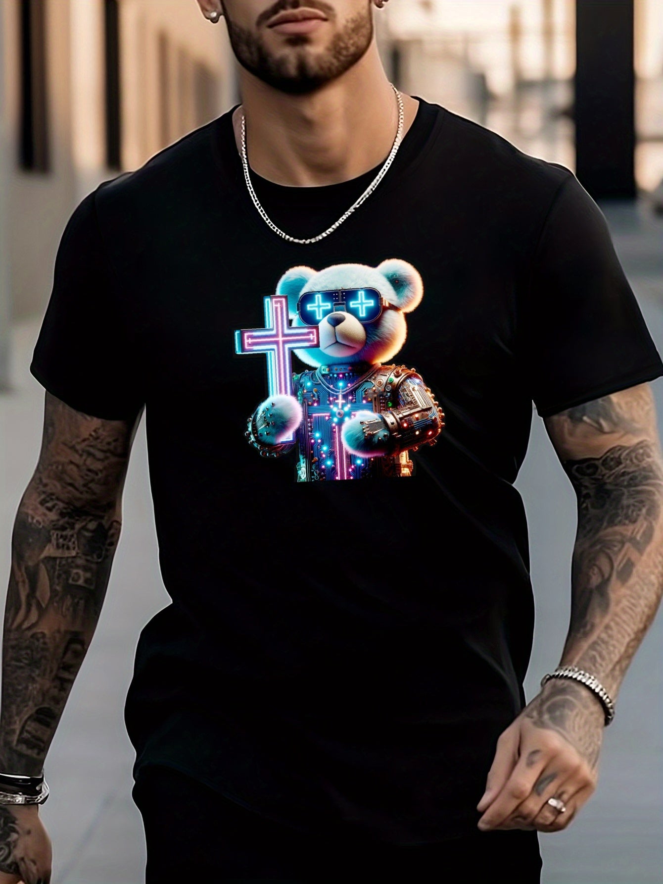 Cyberpunk Bear Print Graphic Men's T-shirt