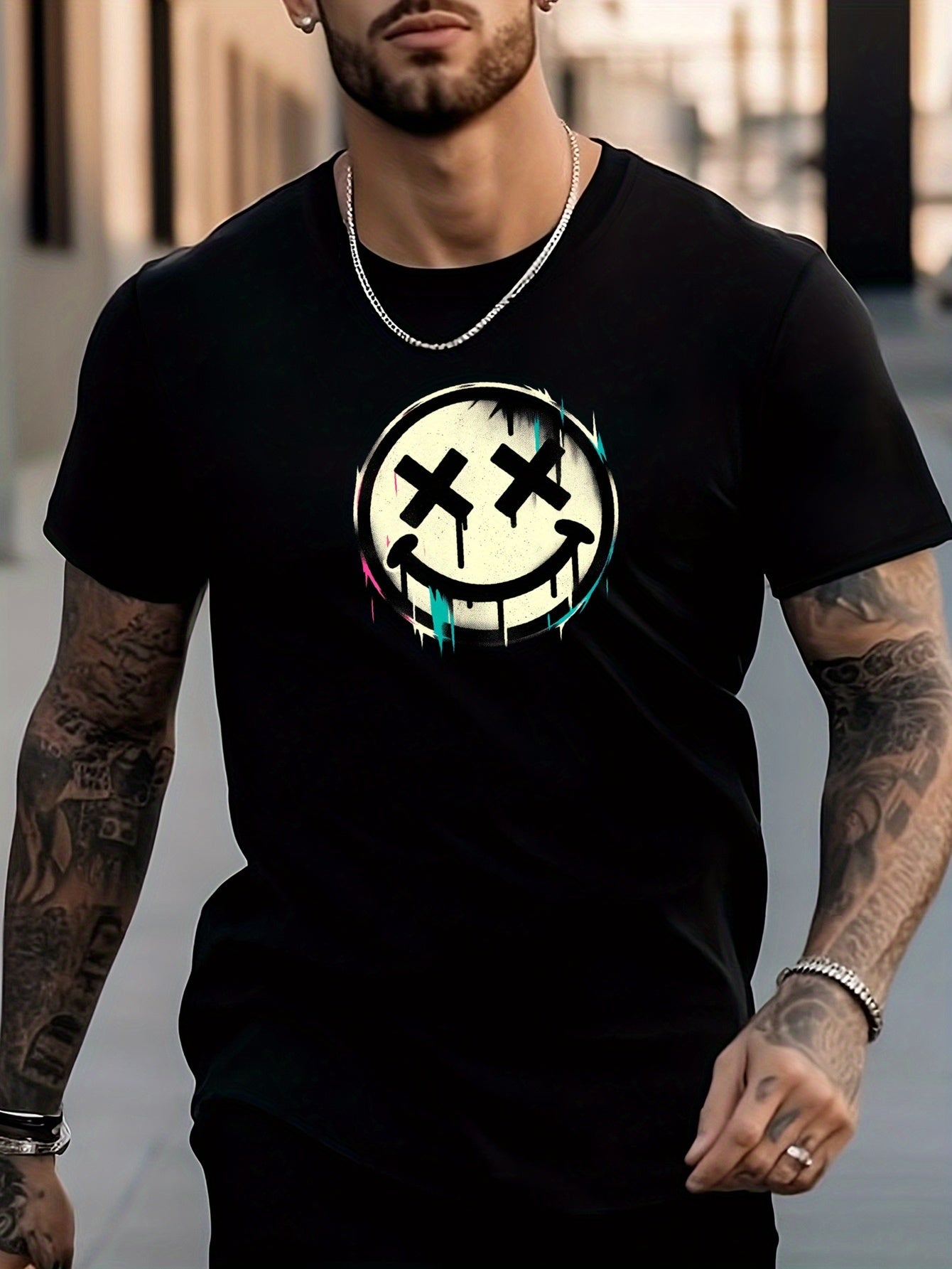 Men's Smile Face Graphic Crew Neck T-shirt for Summer