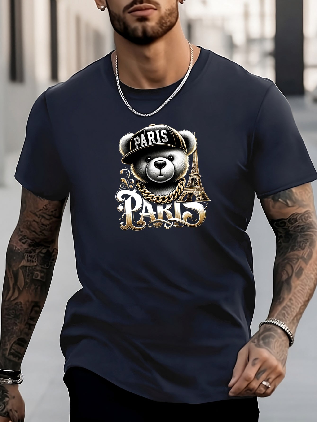 Men's Bear Pattern Shirt Crew Neck Short Sleeve Tee Top