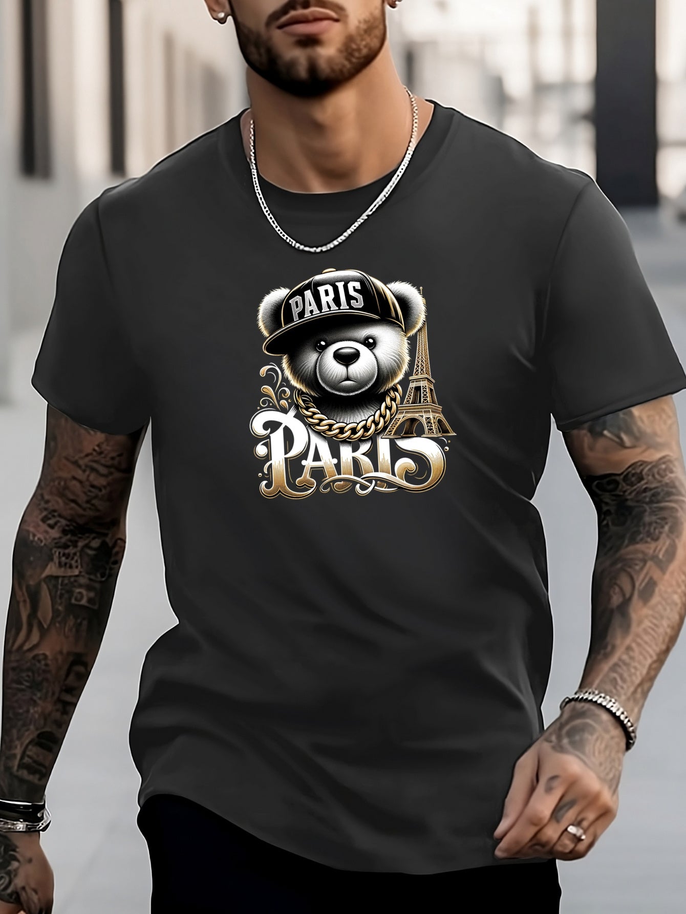 Men's Bear Pattern Shirt Crew Neck Short Sleeve Tee Top