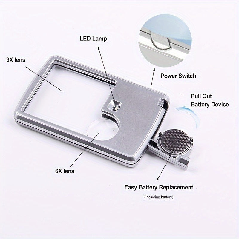 Portable Card Type Magnifying Glass LED Illuminated Jewelry Scientific 3X 6X