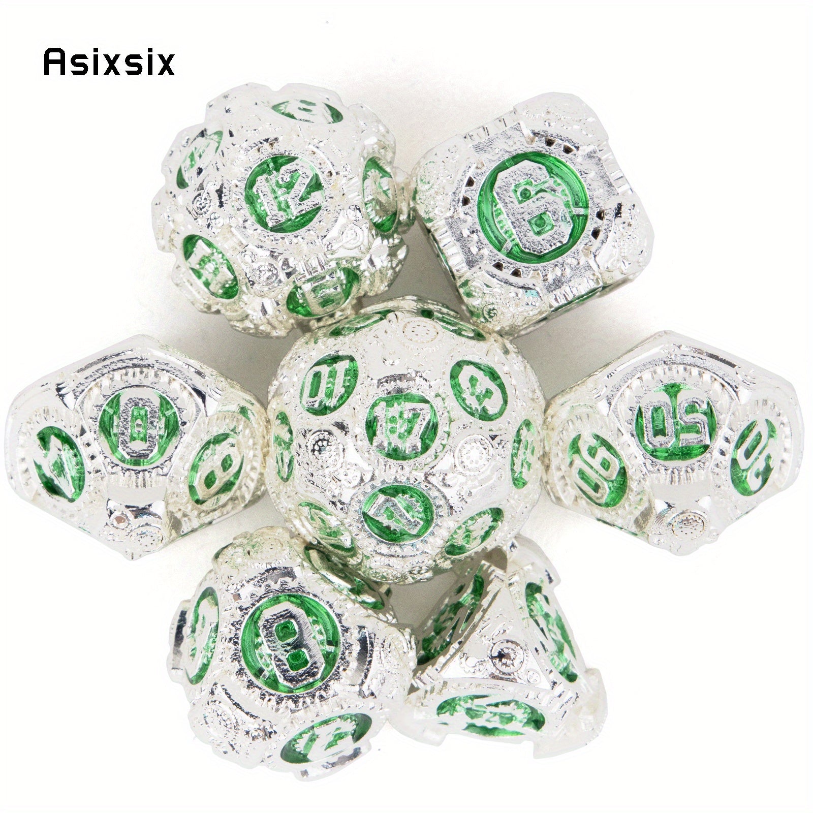 7pcs Green Gear Wheel Metal Polyhedral Dice Set for RPG Game