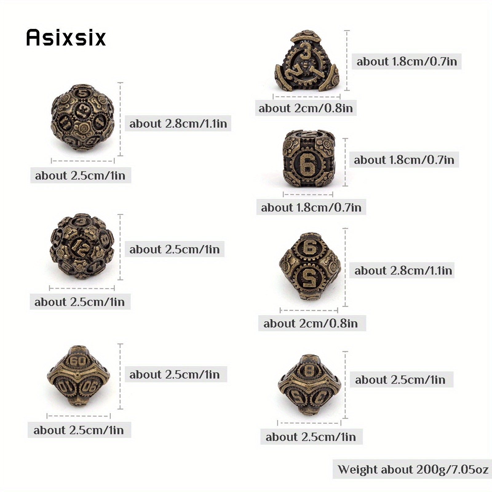7pcs Brass Gear Metal Dice Set for RPG Board Game