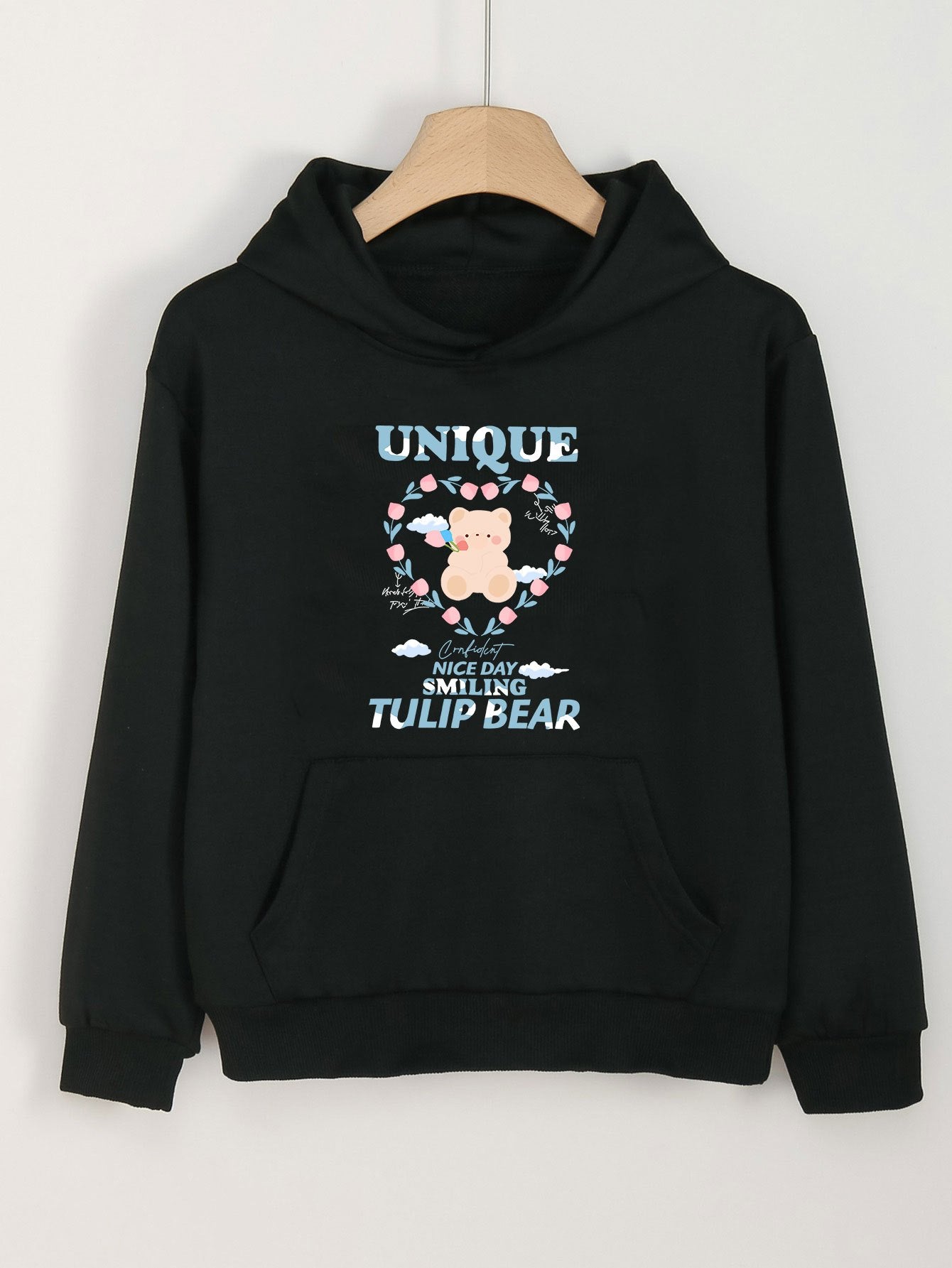 Sweet Bear Graphic Hoodie Girls Hooded Top with Pocket