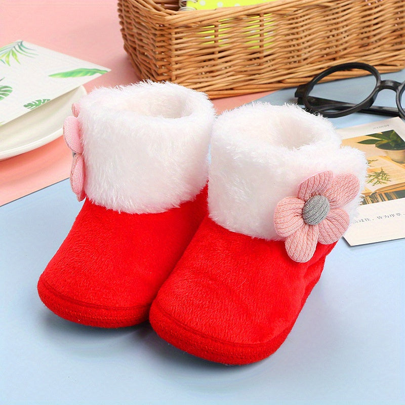 Soft Warm Fleece Boots for Baby Girls - Flower Design