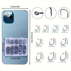 100pcs High Carbon Steel Barbed Fish Hooks Set With Hole, 3-12 Hooks, Tackle Box