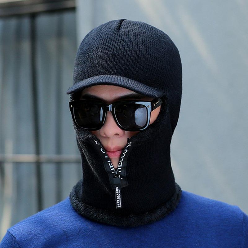 Men's Knitted Cycling Hat with Neck Gaiter & Zipper Face Cover