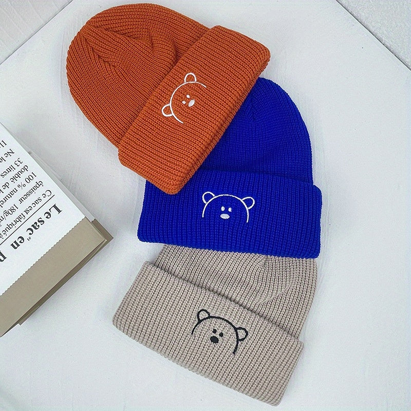 Kids Knitted Bear Embroidery Hat for Cold Weather