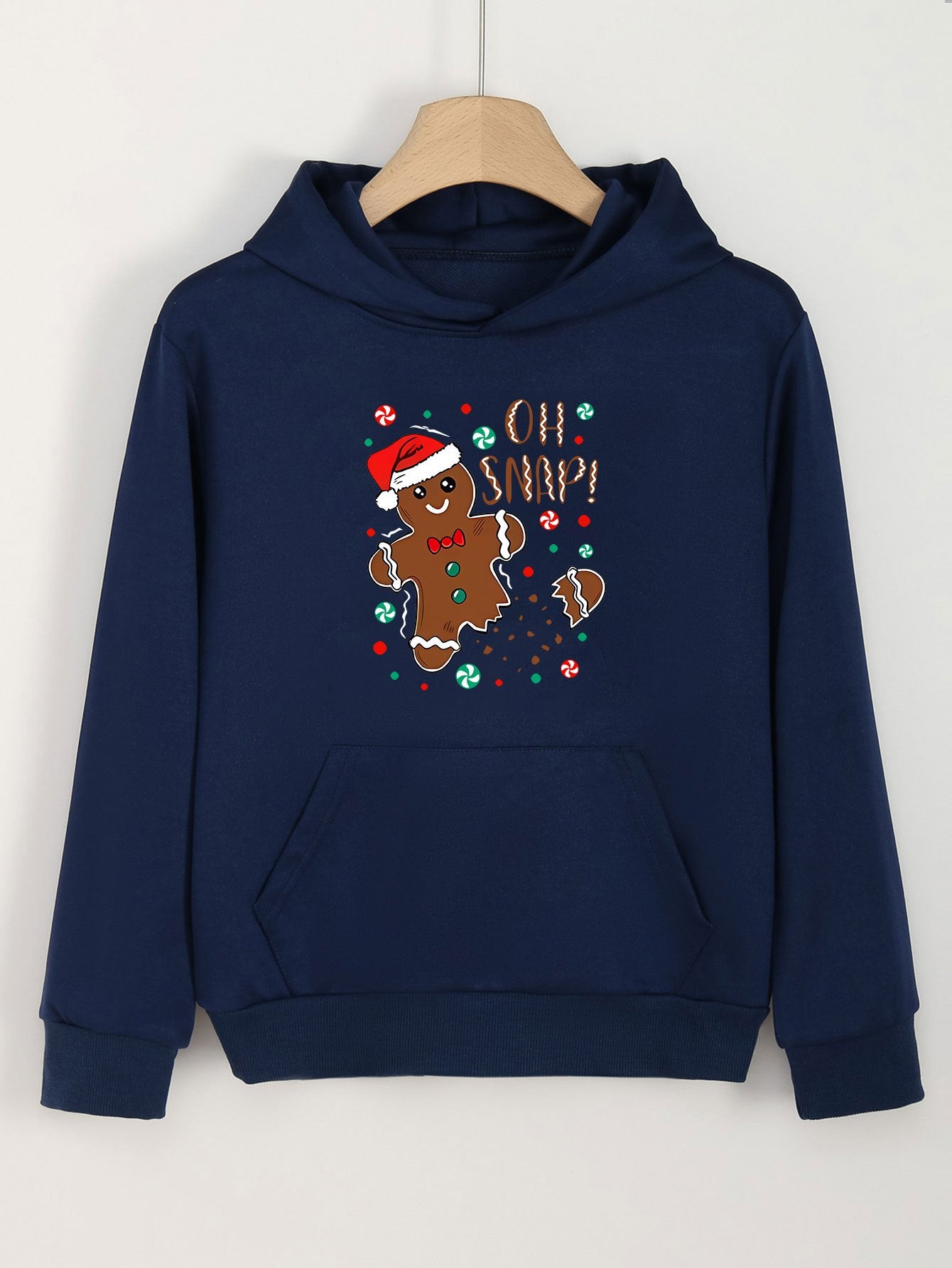 Girls Christmas Gingerbread Print Hoodie Pullover Long Sleeve Top