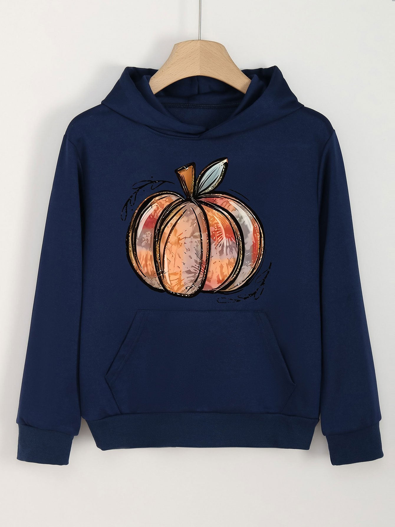 Pumpkin Doodle Print Hoodie Kids Pullover Long Sleeve Top