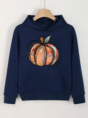 Pumpkin Doodle Print Hoodie Kids Pullover Long Sleeve Top