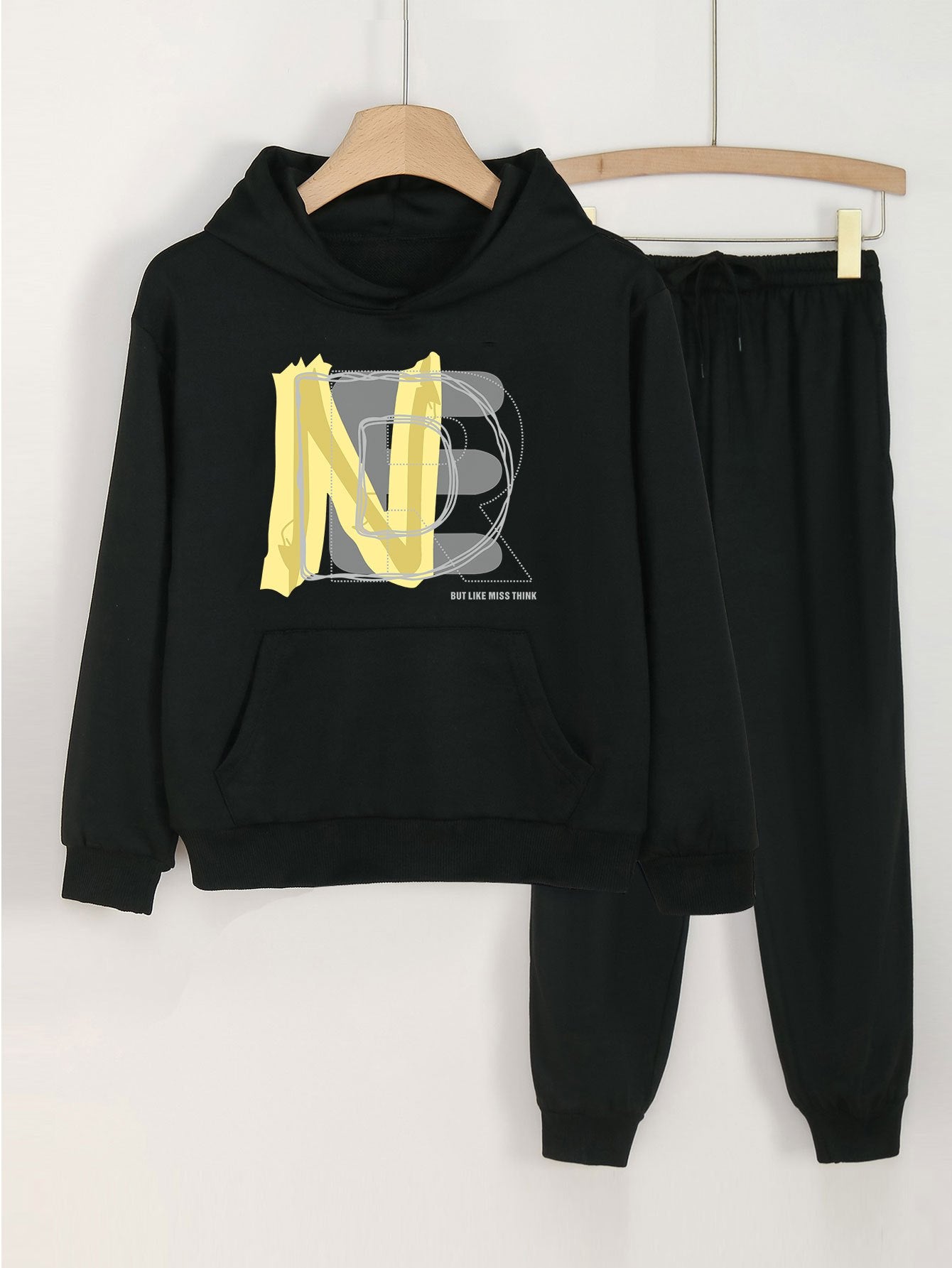 2pcs Letter Print Hooded Outfit For Girls Hoodie & Pants Set
