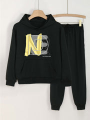 2pcs Letter Print Hooded Outfit For Girls Hoodie & Pants Set