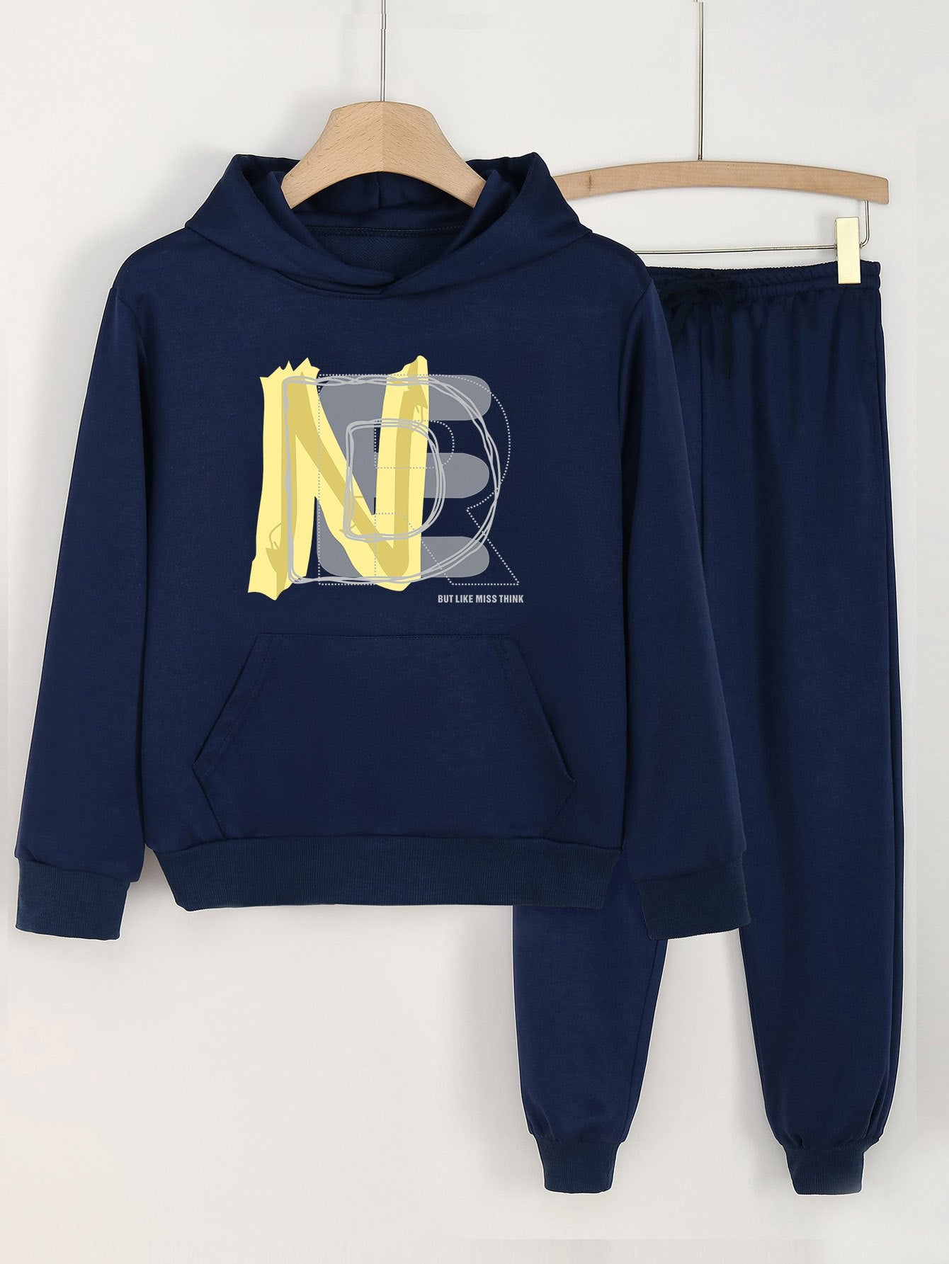 2pcs Letter Print Hooded Outfit For Girls Hoodie & Pants Set